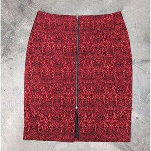 Worthington Women's Size 18W Red Jacquard Asian Print Zip Front Pencil Skirt